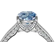 Solitaire Engagement Ring Setting for Fancy Blue Cushion Cut Center with Milgrain-Framed Pave Band and Prong Head in Platinum