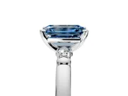 Solitaire Engagement Ring Setting for Fancy Blue Emerald Cut Center with Beaded Shoulders and Prong Head in White Gold
