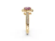 Milgrain Halo Engagement Ring Setting for Fancy Pink Cushion Cut Center with Three-Sided Pave Band and Prong Head in Yellow Gold