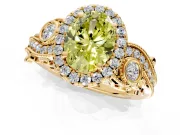 Milgrain Halo Engagement Ring Setting for Fancy Yellow Oval Center with Shoulder Bezels and Prong Head in Yellow Gold