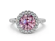 Pave Halo Engagement Ring Setting for Fancy Pink Round Cut Center with Single Row Pave Band and Prong Head in Platinum