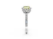 Halo Engagement Ring Setting for Fancy Yellow Asscher Cut Center with Openwork Halo, Pave Band and Prong Head in White Gold