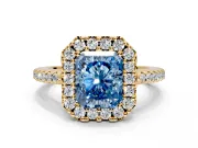 Pave Halo Engagement Ring Setting for Fancy Blue Radiant Cut Center with Single Row Pave Band and Prong Head in Yellow Gold