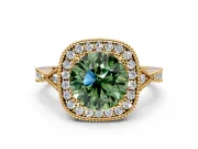 Halo Engagement Ring Setting for Fancy Green Round Cut Center with Milgrain Rim, Pave Band and Prong Head in Yellow Gold
