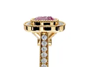 Halo Engagement Ring Setting for Fancy Pink Cushion Cut Center with Milgrain Frame, Pave Band and Prong Head in Yellow Gold