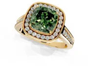 Halo Engagement Ring Setting for Fancy Green Cushion Cut Center with Outer Bezel Rim, Pave Band and Prong Head in Yellow Gold