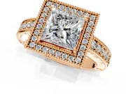 Milgrain Halo Engagement Ring Setting for Princess Cut Center with Pave Band and Prong Head in Rose Gold