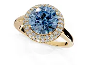 Halo Engagement Ring Setting for Fancy Blue Round Cut Center with Plain Tapered Band and Prong Head in Yellow Gold