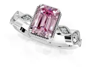 Vintage Station Engagement Ring Setting for Fancy Pink Emerald Cut Center with Accents and Prong Head in White Gold