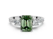 3 Stone Engagement Ring Setting for Fancy Green Emerald Cut Center with Round Cut Side Accents and Prong Head in Platinum