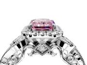 Milgrain Halo Engagement Ring Setting for Fancy Pink Radiant Cut Center with Shoulder Bezels and Prong Head in Platinum