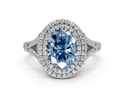 Double Halo Engagement Ring Setting for Fancy Blue Oval Center with Narrow Pave Split Shank and Prong Head in Platinum