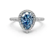 Halo Engagement Ring Setting for Fancy Blue Pear-Shaped Center with Pave Accents, Heart Basket and Prong Head in Platinum