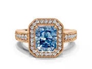 Milgrain Halo Engagement Ring Setting for Fancy Blue Radiant Cut Center with Pave Band and Prong Head in Rose Gold