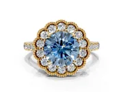 Milgrain Floral Halo Engagement Ring Setting for Fancy Blue Round Cut Center with Pave Band and Prong Head in Yellow Gold