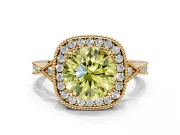 Halo Engagement Ring Setting for Fancy Yellow Round Cut Center with Milgrain Rim, Pave Band and Prong Head in Yellow Gold