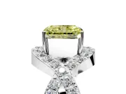 Halo Engagement Ring Setting for Fancy Yellow Radiant Cut Center with Pave Infinity Twist Band and Prong Head in White Gold