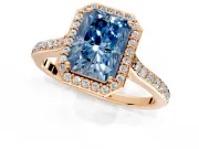 Halo Engagement Ring Setting for Fancy Blue Radiant Cut Center with Pave Accents, Heart Basket and Prong Head in Rose Gold
