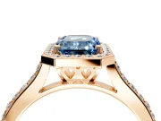 Halo Engagement Ring Setting for Fancy Blue Emerald Cut Center with Pave Accents, Heart Basket and Prong Head in Rose Gold
