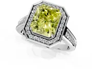 Halo Engagement Ring Setting for Fancy Yellow Emerald Cut Center with Outer Bezel Rim, Pave Band and Prong Head in Sterling Silver