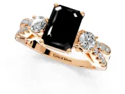 3 Stone Engagement Ring Setting for Fancy Black Emerald Cut Center with Pave Split Shank and Prong Head in Rose Gold