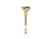 3 Stone Engagement Ring Setting for Fancy Green Pear-Shaped Center with Round Cut Side Accents and Prong Head in Yellow Gold