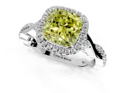 Halo Engagement Ring Setting for Fancy Yellow Cushion Cut Center with Twist Band and Prong Head in White Gold