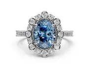 Milgrain Halo Engagement Ring Setting for Fancy Blue Oval Center with Bezel Point Accents and Prong Head in Platinum