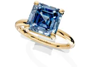 Low-Set Solitaire Engagement Ring Setting for Fancy Blue Asscher Cut Center with Thin Plain Band and Prong Head in Yellow Gold