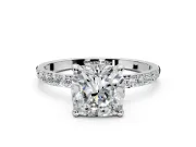 Solitaire Engagement Ring Setting for Cushion Cut Center with Pave Accents and Prong Head in White Gold