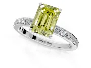 Solitaire Engagement Ring Setting for Fancy Yellow Emerald Cut Center with Round Cut Pave Band and Prong Head in Platinum