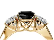 3 Stone Engagement Ring Setting for Fancy Black Cushion Cut Center with Raised Basket Heads and Prong Head in Yellow Gold