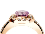 Pave Halo Engagement Ring Setting for Fancy Pink Radiant Cut Center with Single Row Pave Band and Prong Head in Rose Gold
