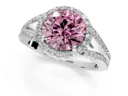 Halo Engagement Ring Setting for Fancy Pink Round Cut Center with Pave Split Shank and Prong Head in Sterling Silver
