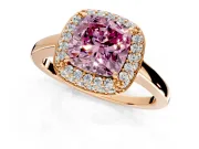 Halo Engagement Ring Setting for Fancy Pink Cushion Cut Center with Plain Tapered Band and Prong Head in Rose Gold