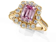 Milgrain Halo Engagement Ring Setting for Fancy Pink Emerald Cut Center with Bezel Point Accents and Prong Head in Yellow Gold