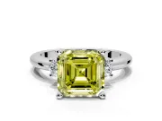 3 Stone Engagement Ring Setting for Fancy Yellow Asscher Cut Center with Wide Plain Band and Prong Head in Platinum