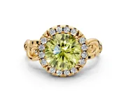 Halo Engagement Ring Setting for Fancy Yellow Round Cut Center with Open Scroll Shoulders and Prong Head in Yellow Gold