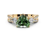 3 Stone Engagement Ring Setting for Fancy Green Heart-Shaped Center with Pave Split Shank and Prong Head in Yellow Gold