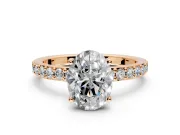 Solitaire Engagement Ring Setting for Oval Center with Round Cut Pave Band and Prong Head in Rose Gold