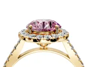 Halo Engagement Ring Setting for Fancy Pink Round Cut Center with Narrowing Pave Band and Prong Head in Yellow Gold