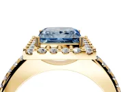 Pave Halo Engagement Ring Setting for Fancy Blue Princess Cut Center with Single Row Pave Band and Prong Head in Yellow Gold