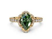 Halo Engagement Ring Setting for Fancy Green Pear-Shaped Center with Openwork Halo, Pave Band and Prong Head in Yellow Gold