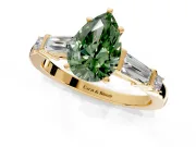 Bar-Set Engagement Ring Setting for Fancy Green Pear-Shaped Center with Tapered Baguette Accents and Prong Head in Yellow Gold