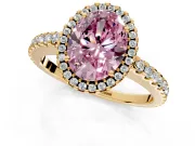 Accent Halo Engagement Ring Setting for Fancy Pink Oval Center with Full-Length Pave Band and Prong Head in Yellow Gold