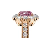 Halo Engagement Ring Setting for Fancy Pink Cushion Cut Center with Milgrain Channel Band and Prong Head in Rose Gold