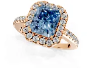 Pave Halo Engagement Ring Setting for Fancy Blue Radiant Cut Center with Single Row Pave Band and Prong Head in Rose Gold