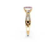 3 Stone Engagement Ring Setting for Fancy Pink Radiant Cut Center with Pave Split Shank and Prong Head in Yellow Gold