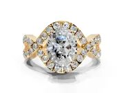 Halo Engagement Ring Setting for Oval Center with Pave Infinity Twist Band and Prong Head in Yellow Gold