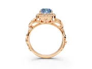Halo Engagement Ring Setting for Fancy Blue Cushion Cut Center with Open Scroll Shoulders and Prong Head in Rose Gold